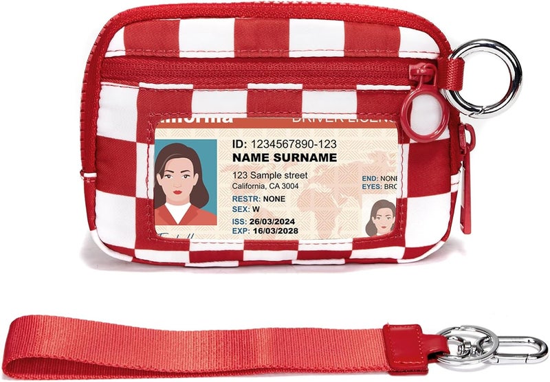 YDF Keychain Wallet for Women Mini Zip Card Holder with ID Window, Coin Purse, Detachable Wristlet, Small Organizer Wallet,red checkered - Image 1
